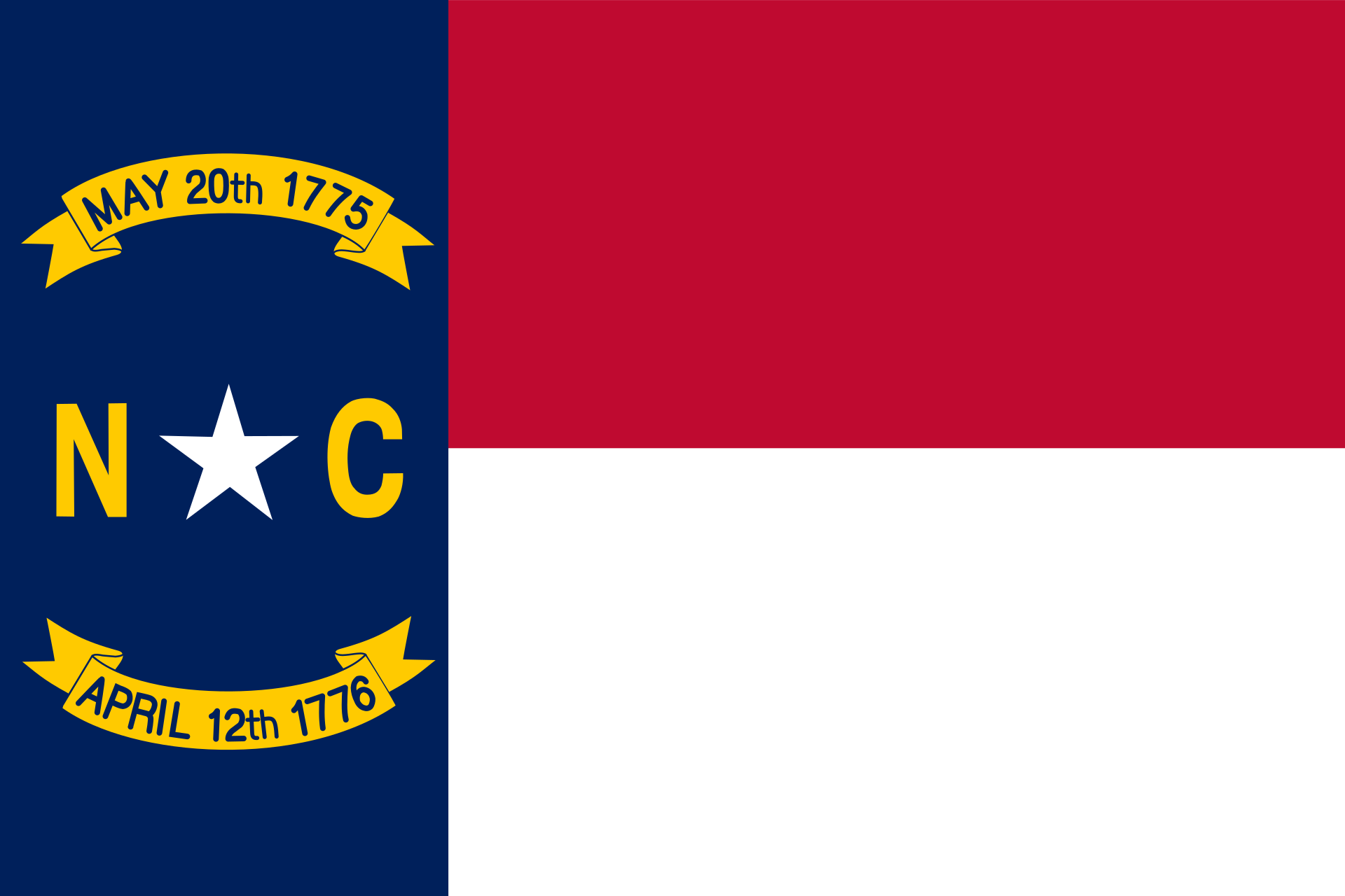 Flag of North Carolina with blue background and yellow banners displaying May 20th 1775 and April 12th 1776, alongside red and white stripes.