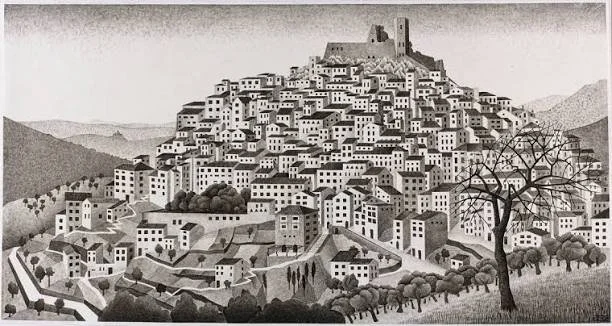 Black and white illustration of a hillside town with many buildings and a castle at the top, surrounded by trees.