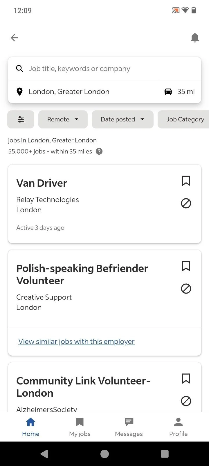 Screenshot of a job search app showing job listings in London, Greater London, including positions for a Van Driver and a Polish-speaking Befriender Volunteer.