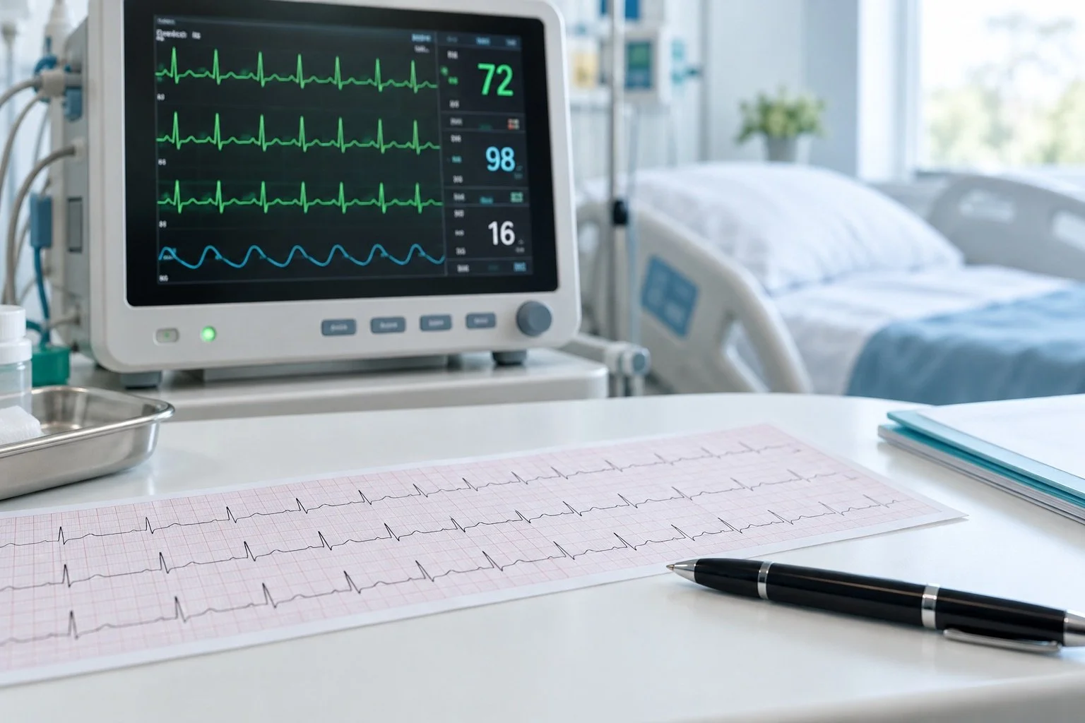 ECG monitor and printed rhythm strip in a bright clinical setting.
