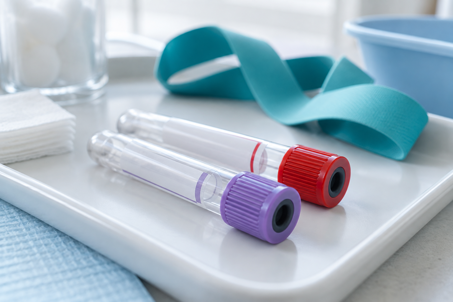 Capped specimen collection tubes and a teal tourniquet on a clean clinical tray.