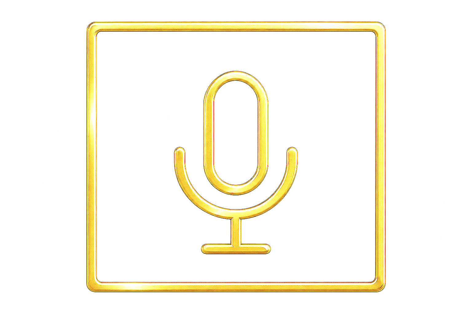 Neon sign of a microphone outlined in yellow inside a square border.