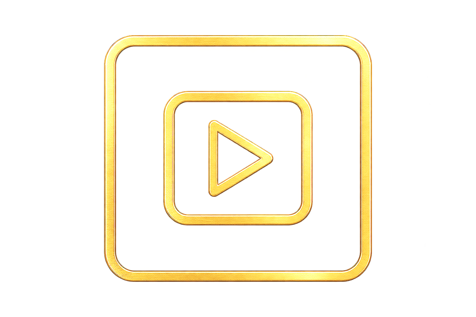 A shiny gold icon resembling a video play button inside a square, with another square outline around it, on a black background.