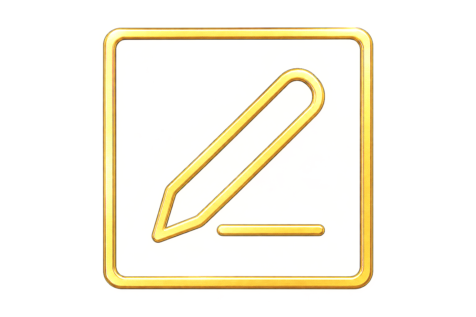 A neon sign with a pencil icon inside a square frame. The sign is illuminated with a yellowish color.