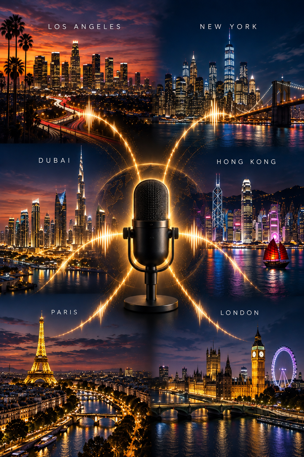 Collage of city skylines from Los Angeles, New York, Dubai, Hong Kong, Paris, and London with a central microphone and sound wave lines connecting the cities.