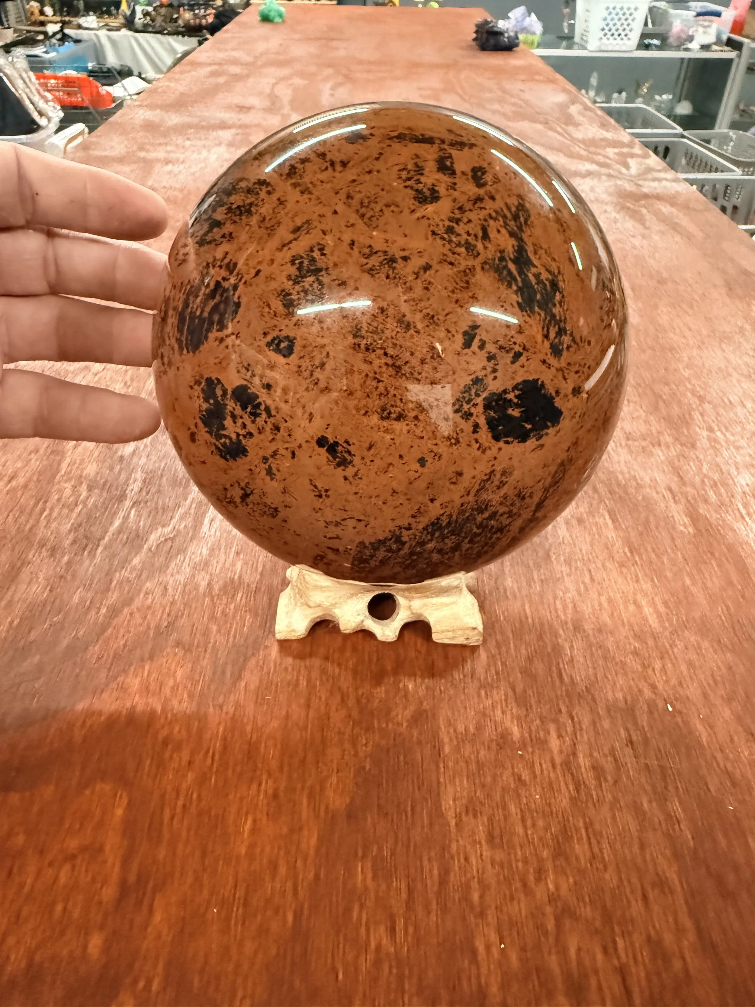 A person holding a polished, round, orange-brown stone with black speckles, placed on a small wooden stand on a wooden surface.
