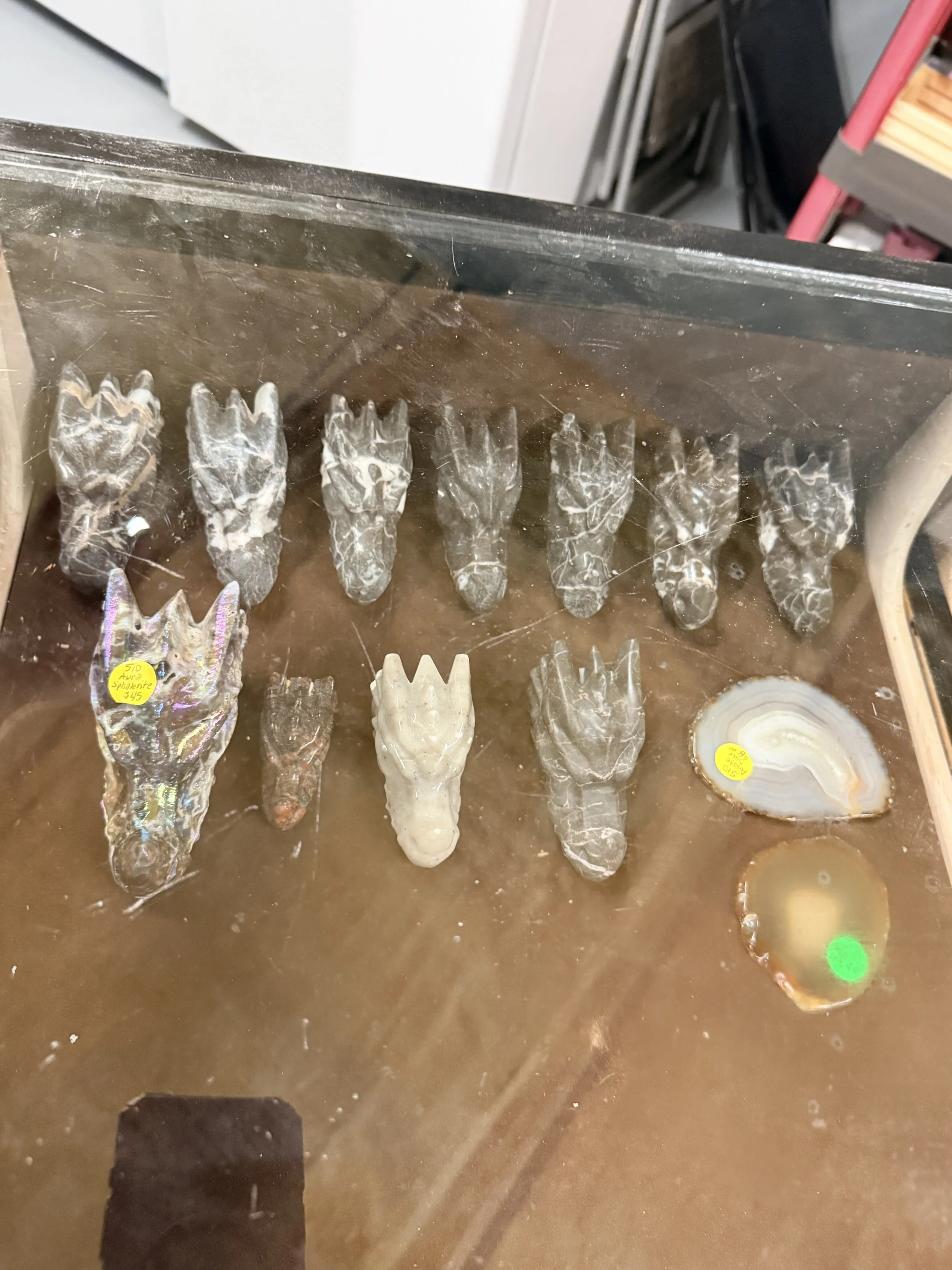 Collection of various rocks and mineral specimens displayed on a table, with some labeled and a geological thin section or polished slice.