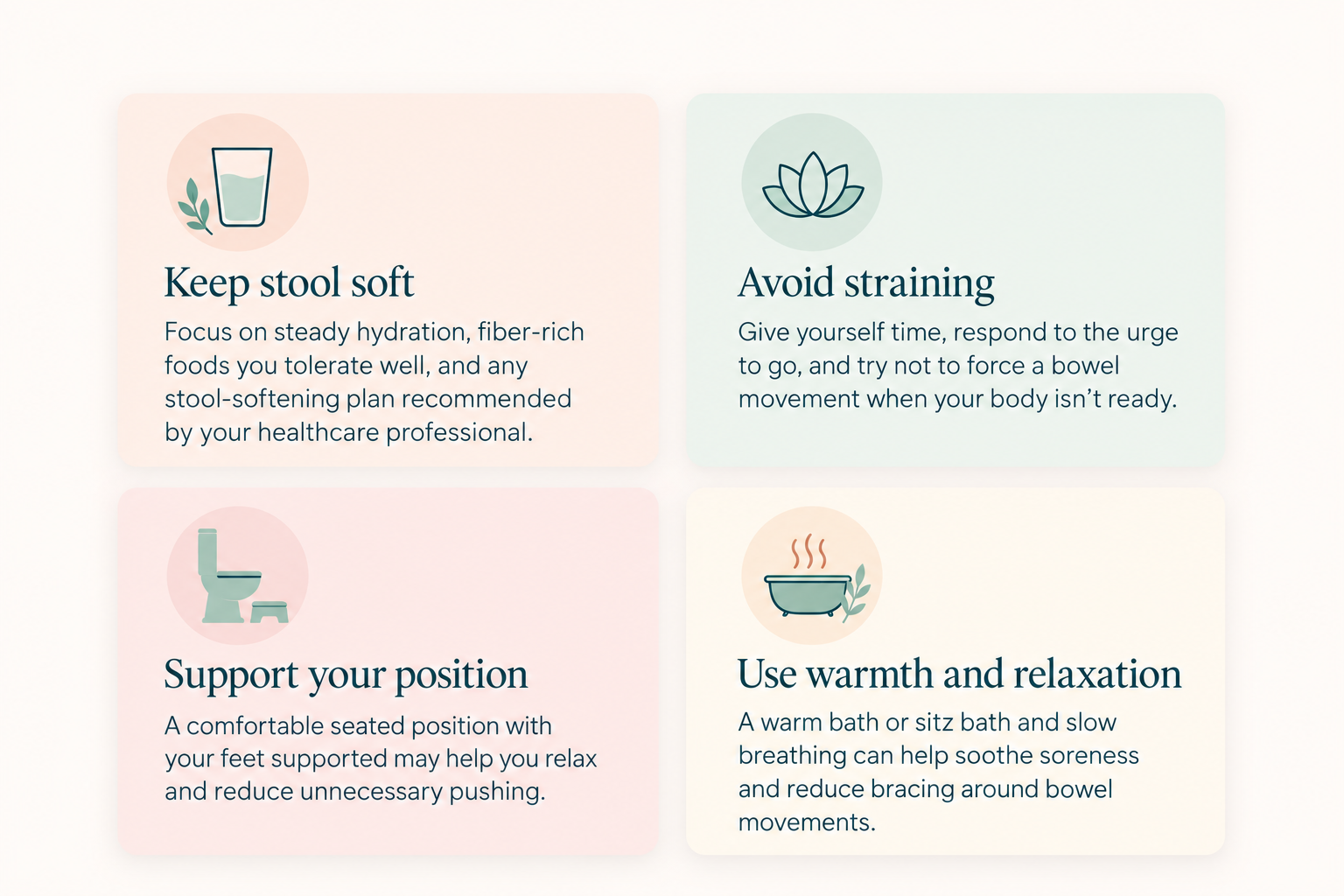 Four-part guide to gentler bowel movements: keeping stool soft, avoiding straining, supporting your position, and using warmth and relaxation.