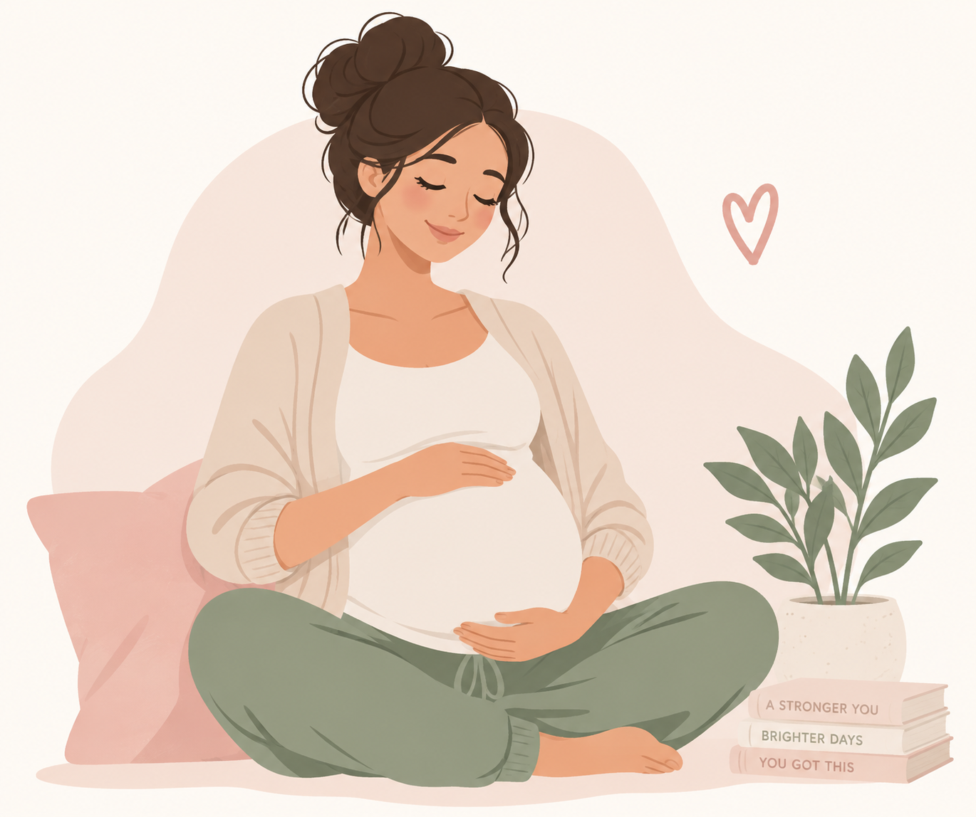 Illustration of a pregnant woman sitting cross-legged with her hands resting on her belly.