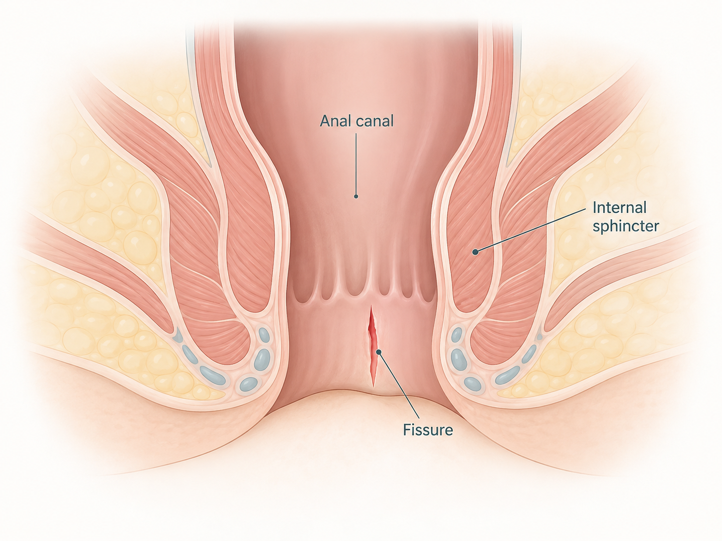 Medical illustration of the anal canal showing an anal fissure and internal sphincter.