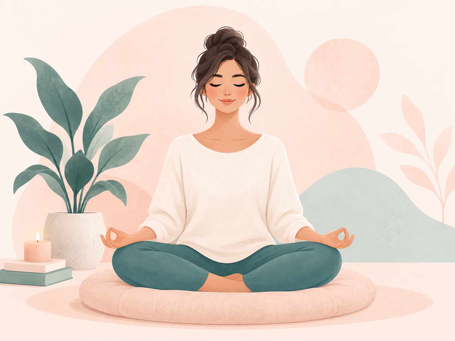 Illustration of a woman sitting cross-legged on a cushion with eyes closed, practicing meditation beside a potted plant and books.