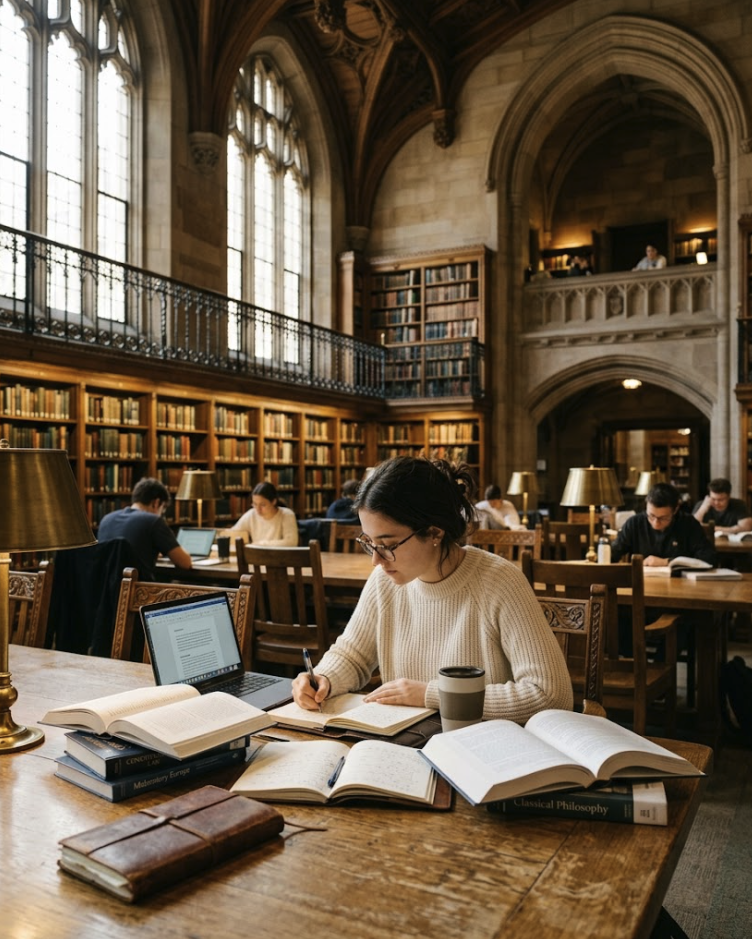Students studying in a historic library with high arched ceilings, large windows, wooden bookshelves, and warm lighting.