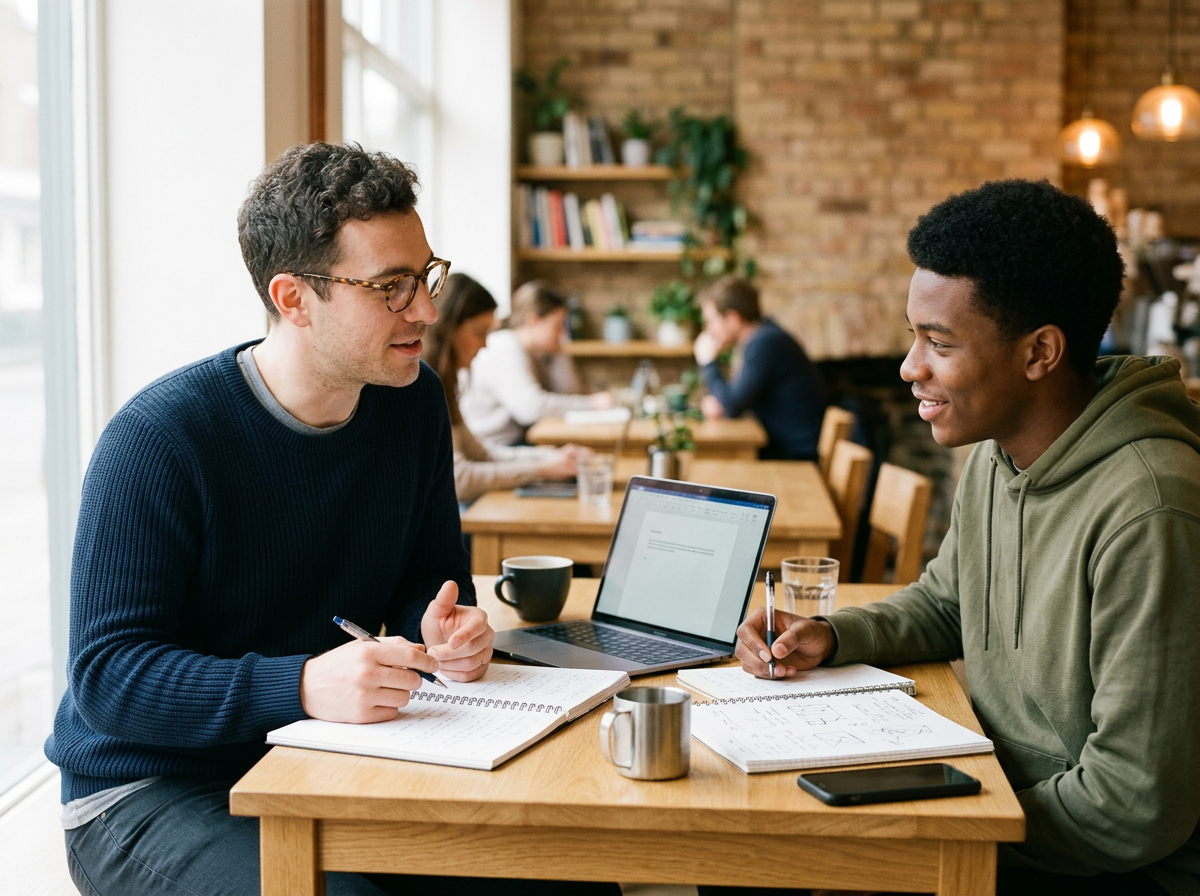Two young men sitting at a wooden table, engaged in a conversation, with notebooks, a laptop, coffee mugs, and a smartphone on the table in a cozy coffee shop.