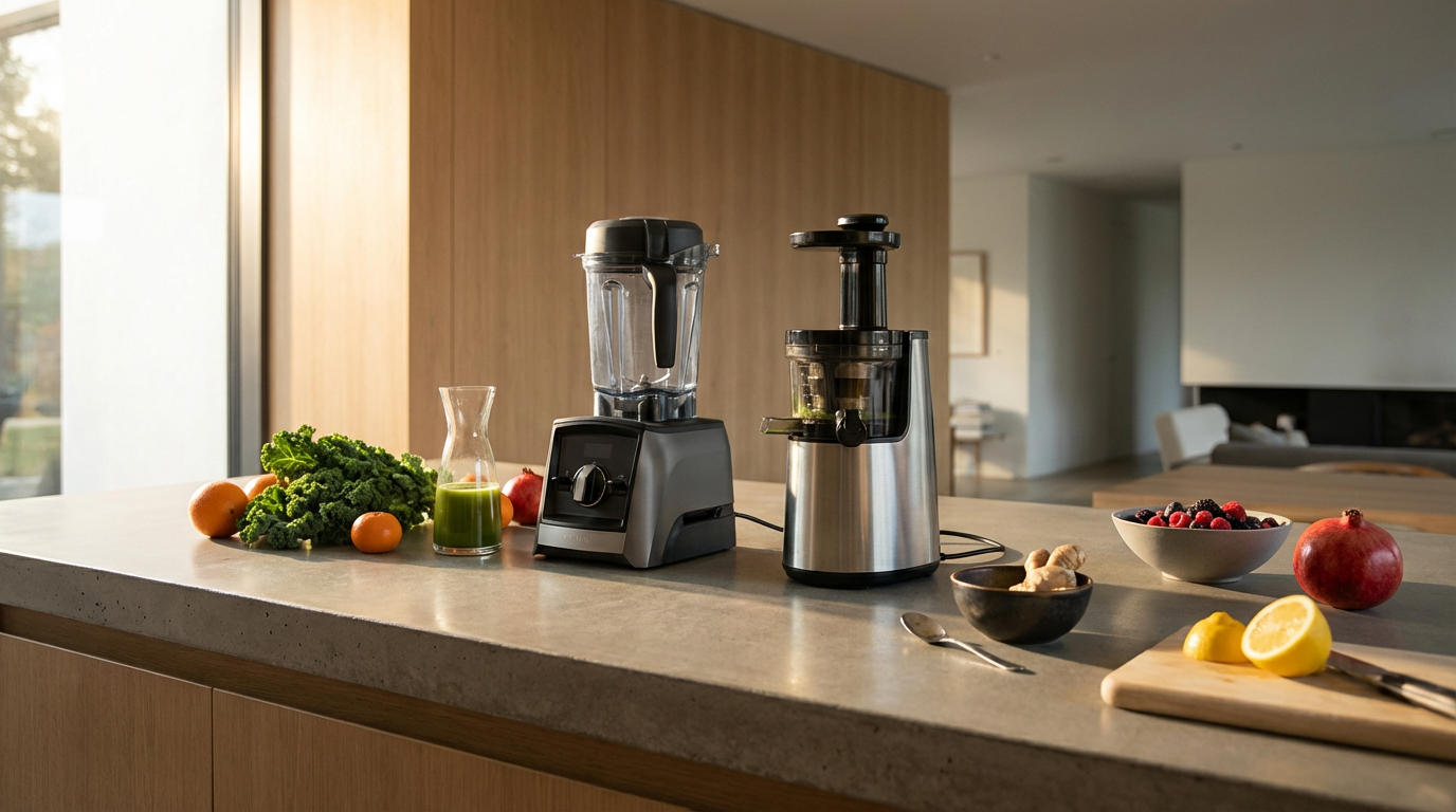 Kitchen island with blender, juicer, fresh vegetables, berries, pomegranate, lemon halves, ginger, and utensils in a modern, well-lit kitchen.