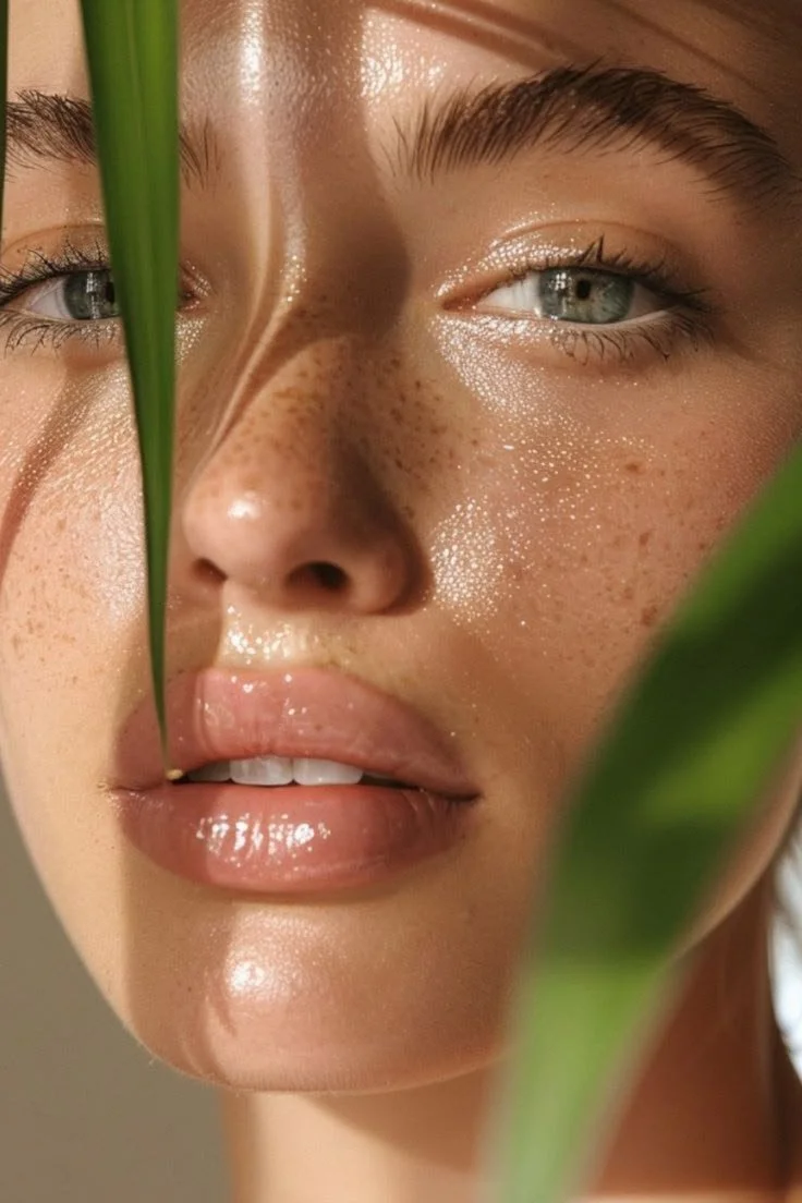 Close-up of a woman's face with freckles, green leaves partially covering her face, natural makeup, and shiny lips.