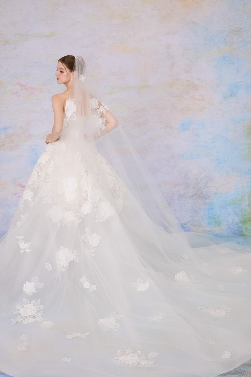 Bride in a white wedding gown with lace details and a long veil against a textured, pastel-colored background.