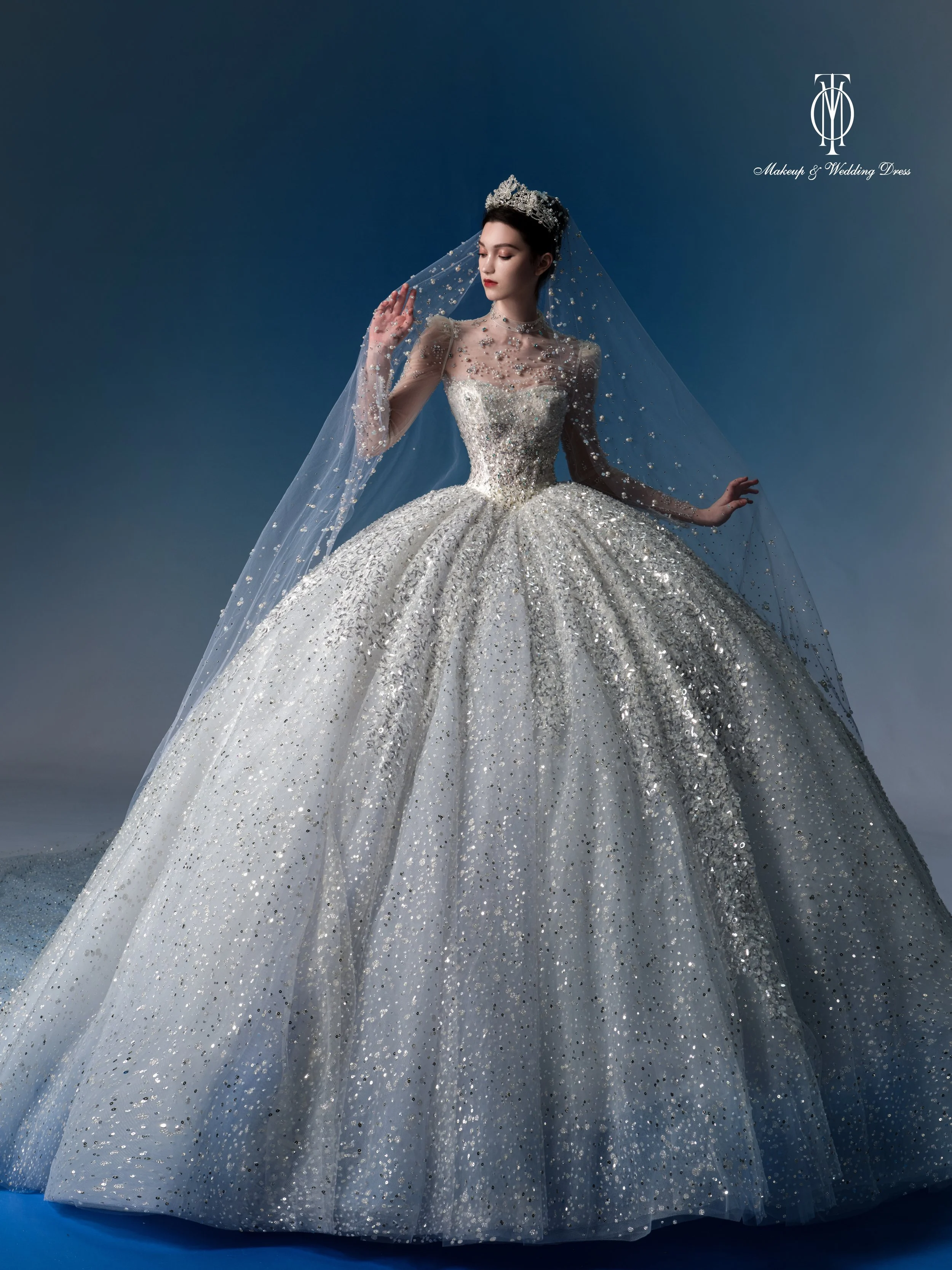 A woman in an ornate, sparkling white wedding gown with a full skirt and fitted bodice, wearing a tiara and veil, standing against a cloudy sky.