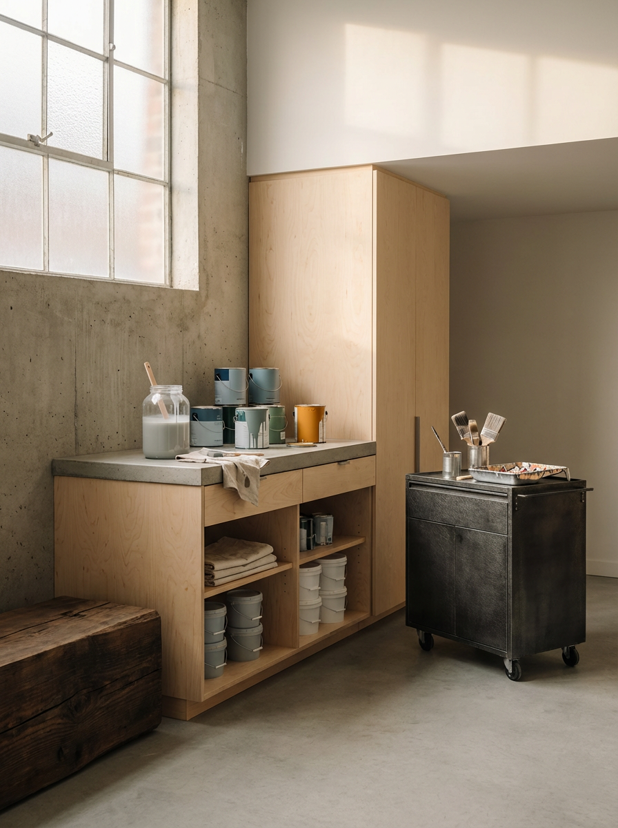 Interior of a minimalist art studio or workspace with a concrete wall, large window, wooden storage cabinet, and a black rolling cart with paintbrushes.