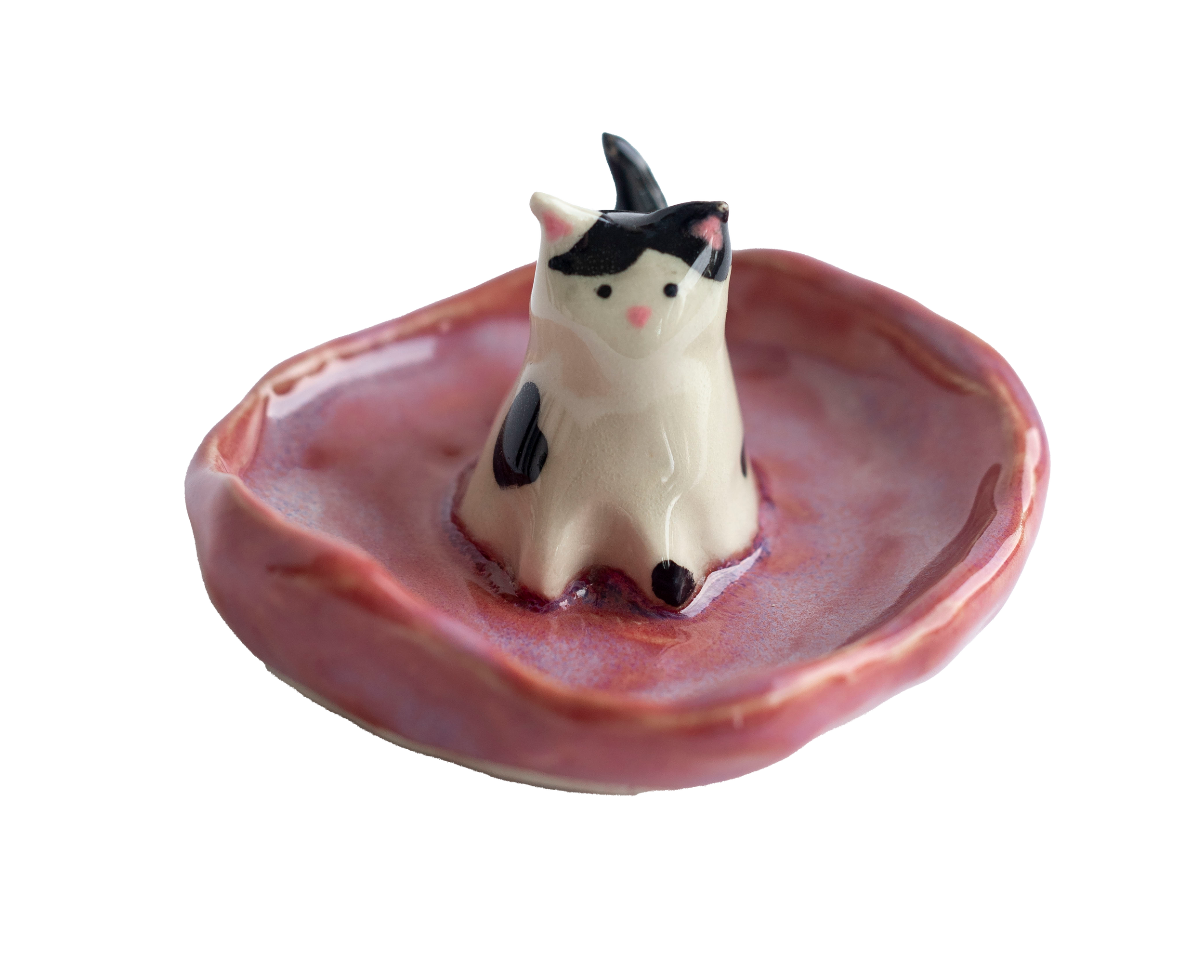 Ceramic trinket dish featuring a black and white cat