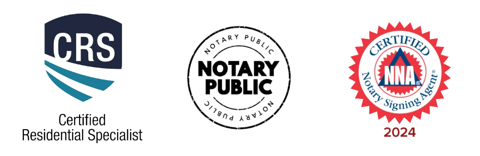 Images of certification logos for CRS, Notary Public, and NNA Notary Signing Agent, including the year 2024.