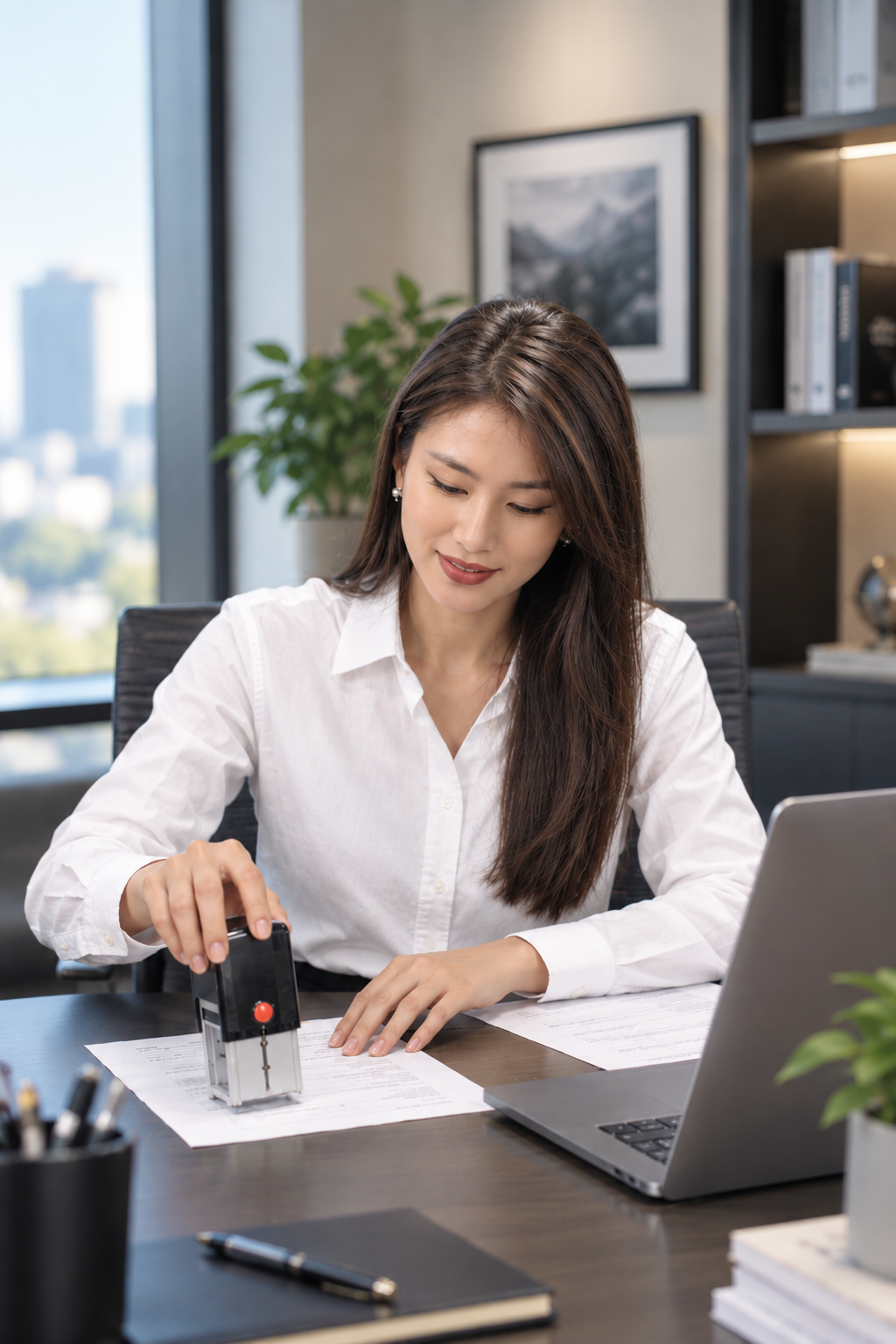 A notary public stamping on a document