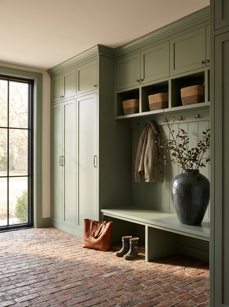 Entryway with green built-in cabinets, next to a large window with a brick floor.