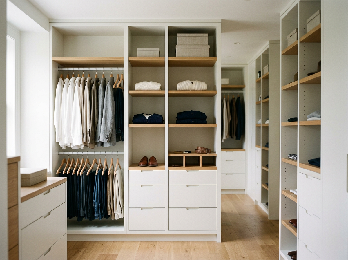 A well-organized walk-in closet with white shelves and wooden accents, featuring hanging clothes, shelves with boxes and folded clothing, shoes, and small storage compartments.
