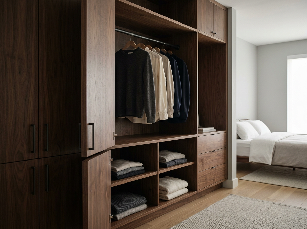 A wooden wardrobe with clothes hanging and folded in drawers, adjacent to a bedroom with a bed and a window.