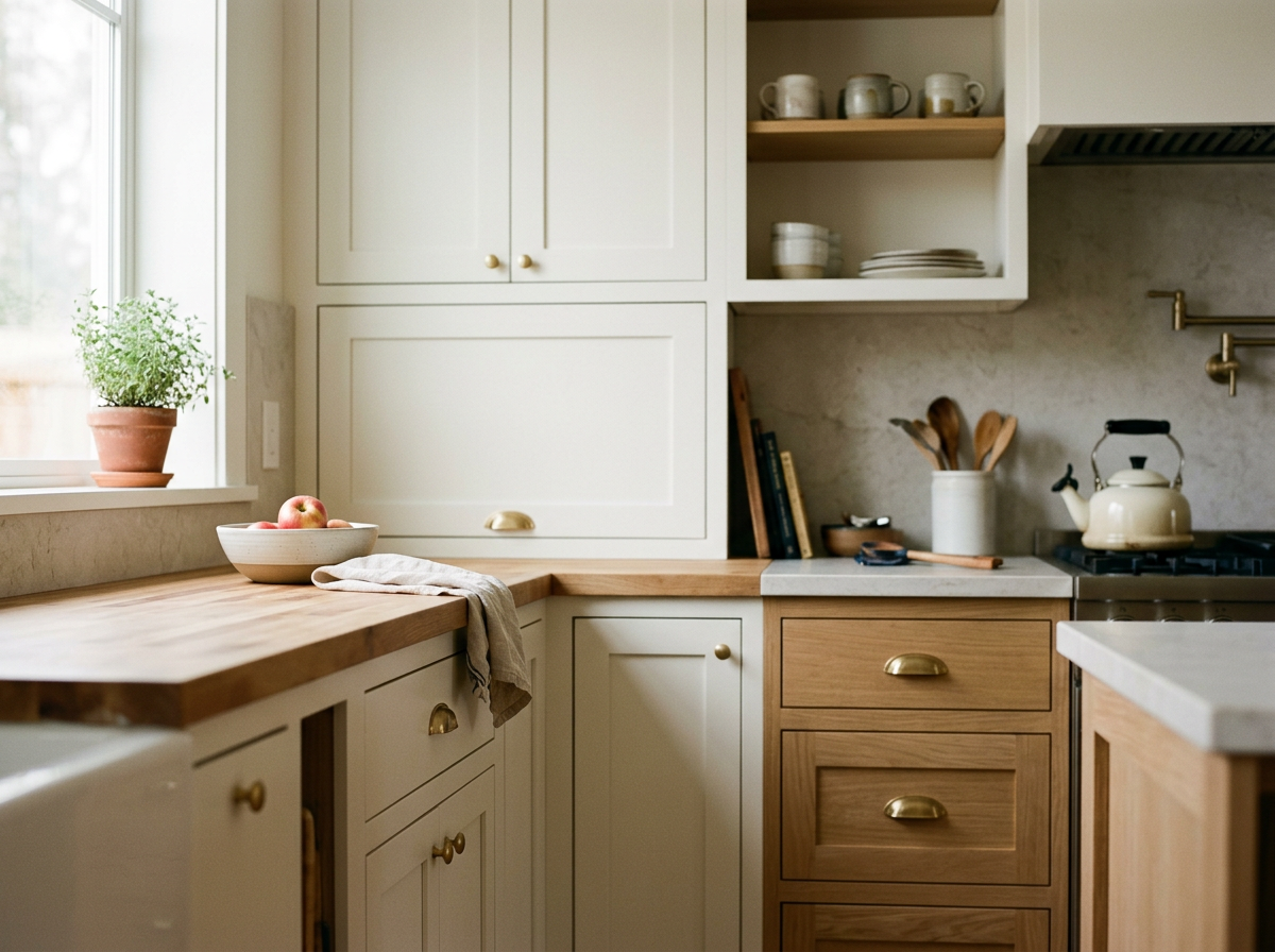 Kitchen corner with white and wood cabinets.