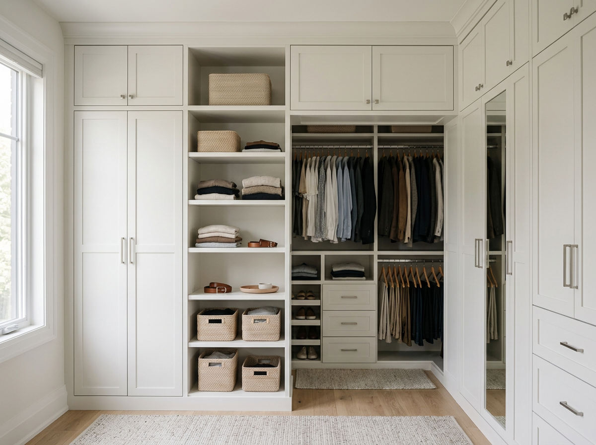 Organized walk-in closet with white built-in cabinets, open shelving, and hanging space for clothes, shoes, and storage baskets.