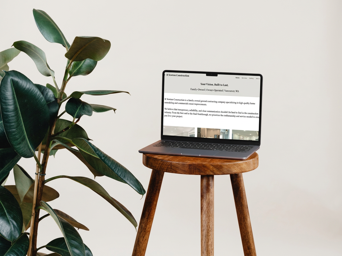 A laptop on a small wooden table displaying a website, next to a large green plant against a plain white wall.