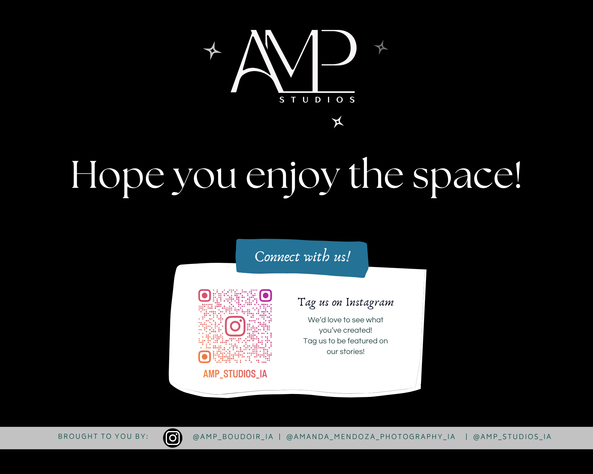 Black background with white text reading 'AMP STUDIOS' and 'Hope you enjoy the space!', along with a blue button that says 'Connect with us!'.