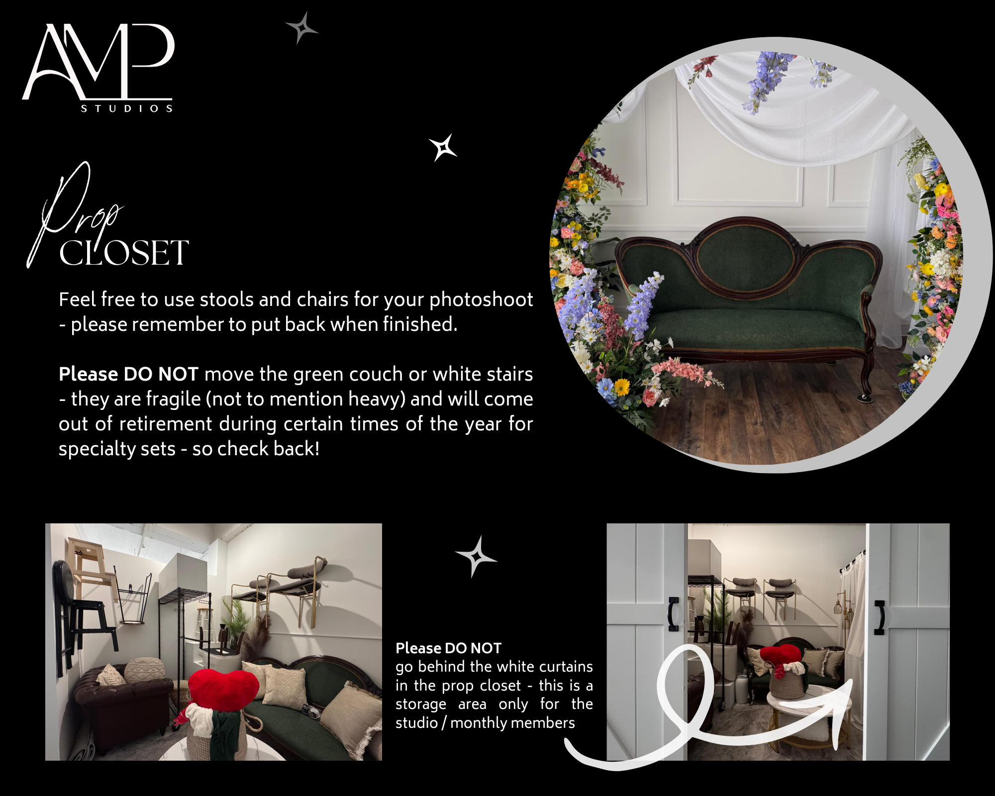Welcome to AMP Studios Prop Closet, a storage area with various chairs, sofas, and props, decorated with white curtains and floral arrangements, designated for studio/membership use.
