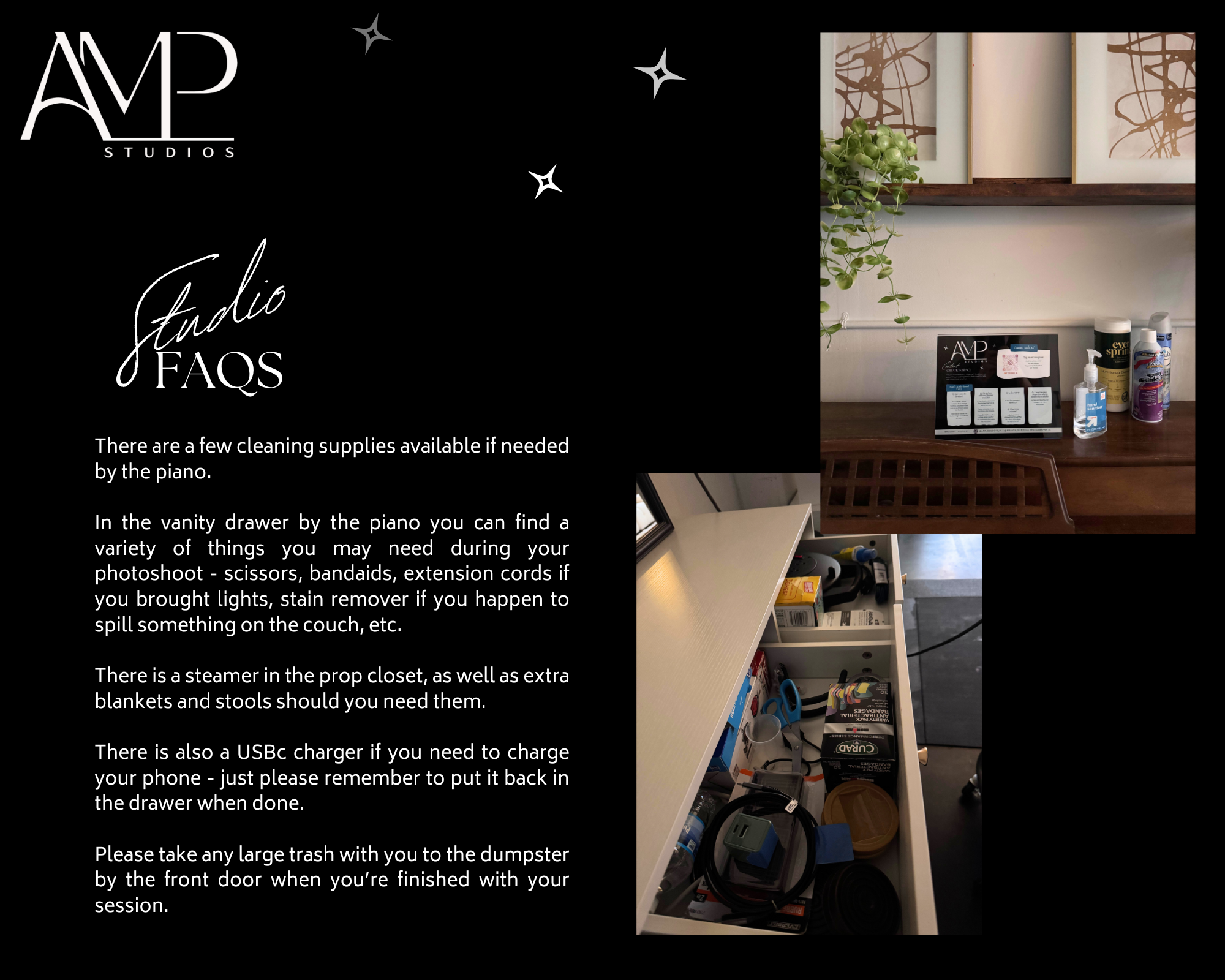 A store display for AMP Studios, featuring space-themed graphics, a plant, and various cleaning supplies and personal care items on shelves and a countertop.