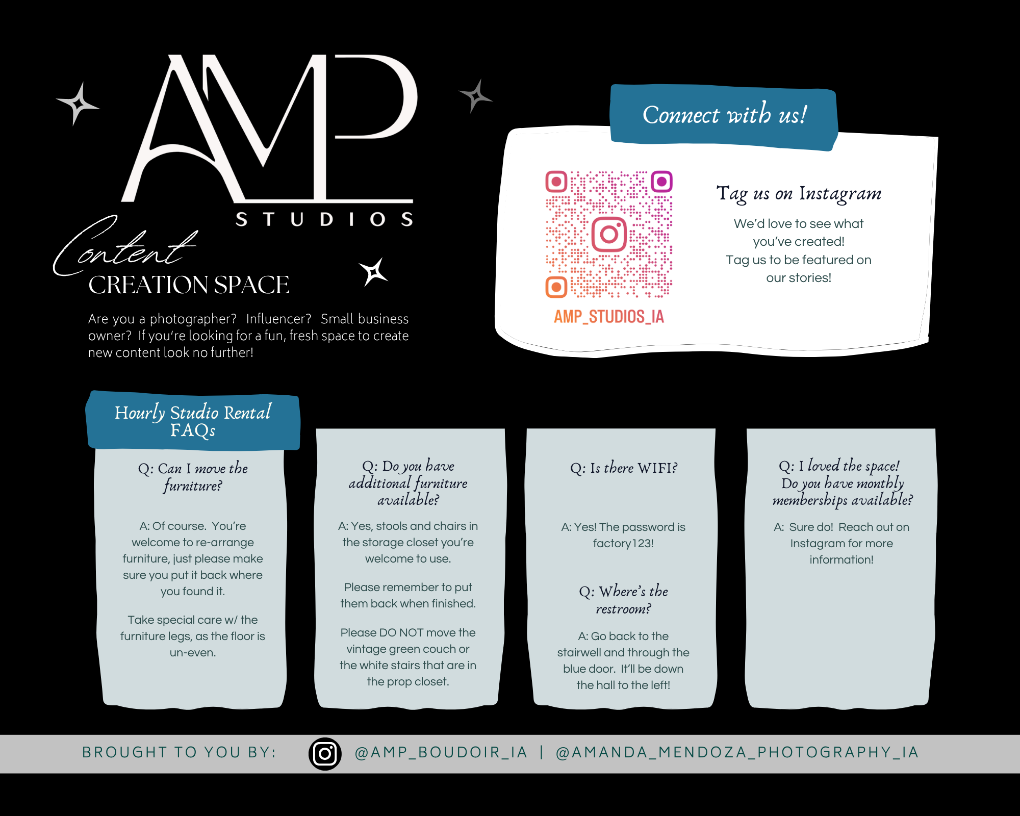 A digital flyer for AMP Studios Content Creation Space with contact information, social media details, and frequently asked questions about studio rental and usage.