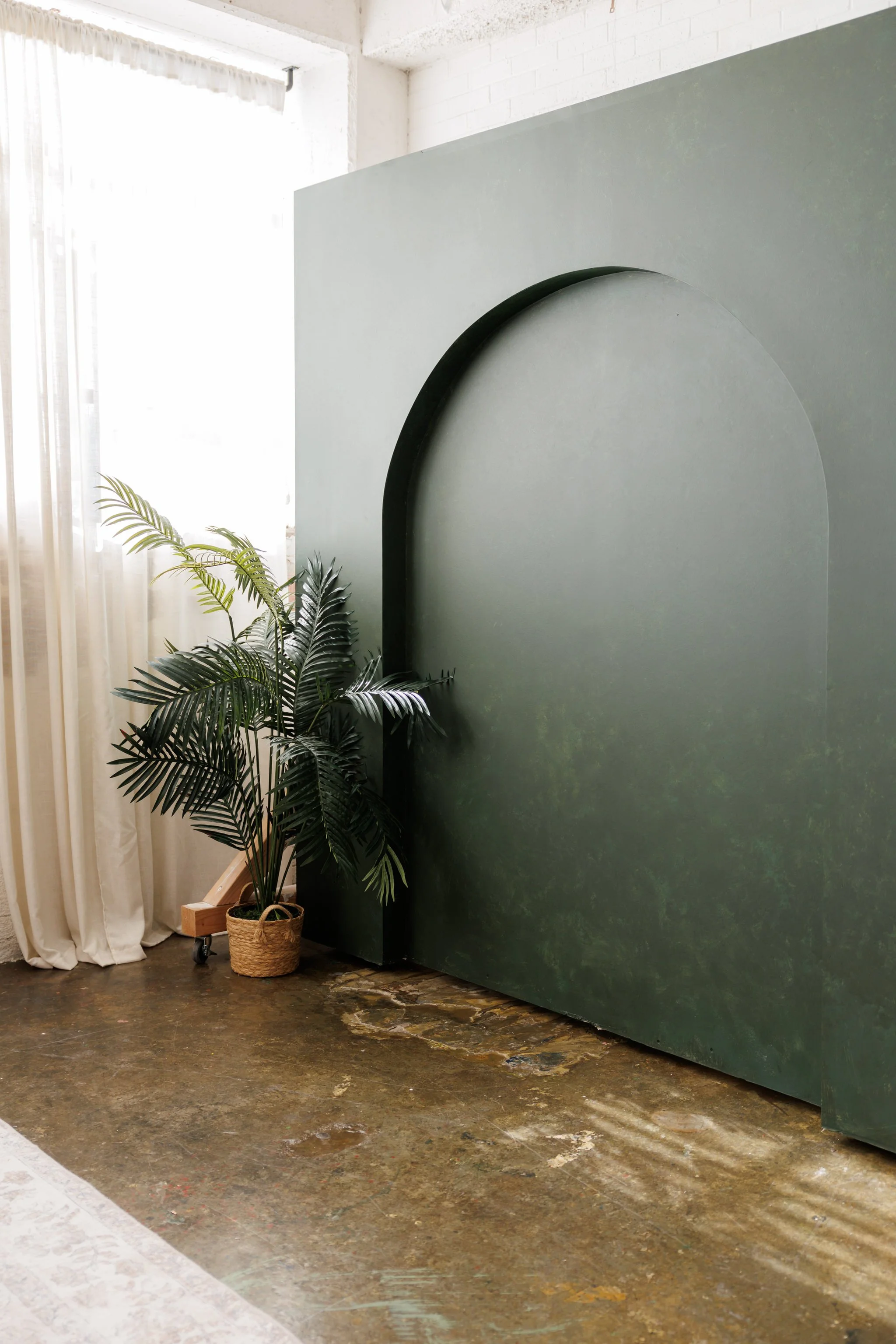 Interior of a room with a green partition wall, potted plant, white curtain, and a concrete floor.