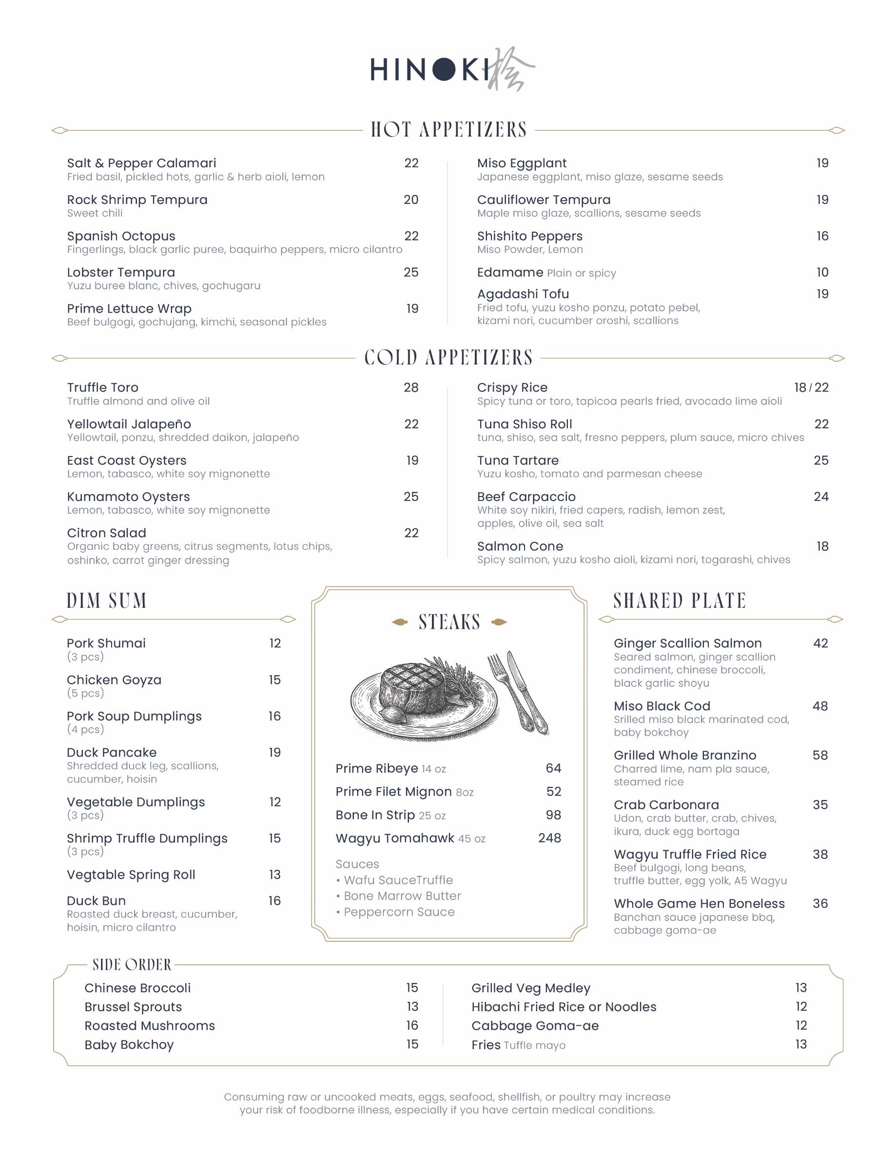 A menu for Hinoki restaurant listing various hot and cold appetizers, main courses, side orders, and shared plates with descriptions and prices.