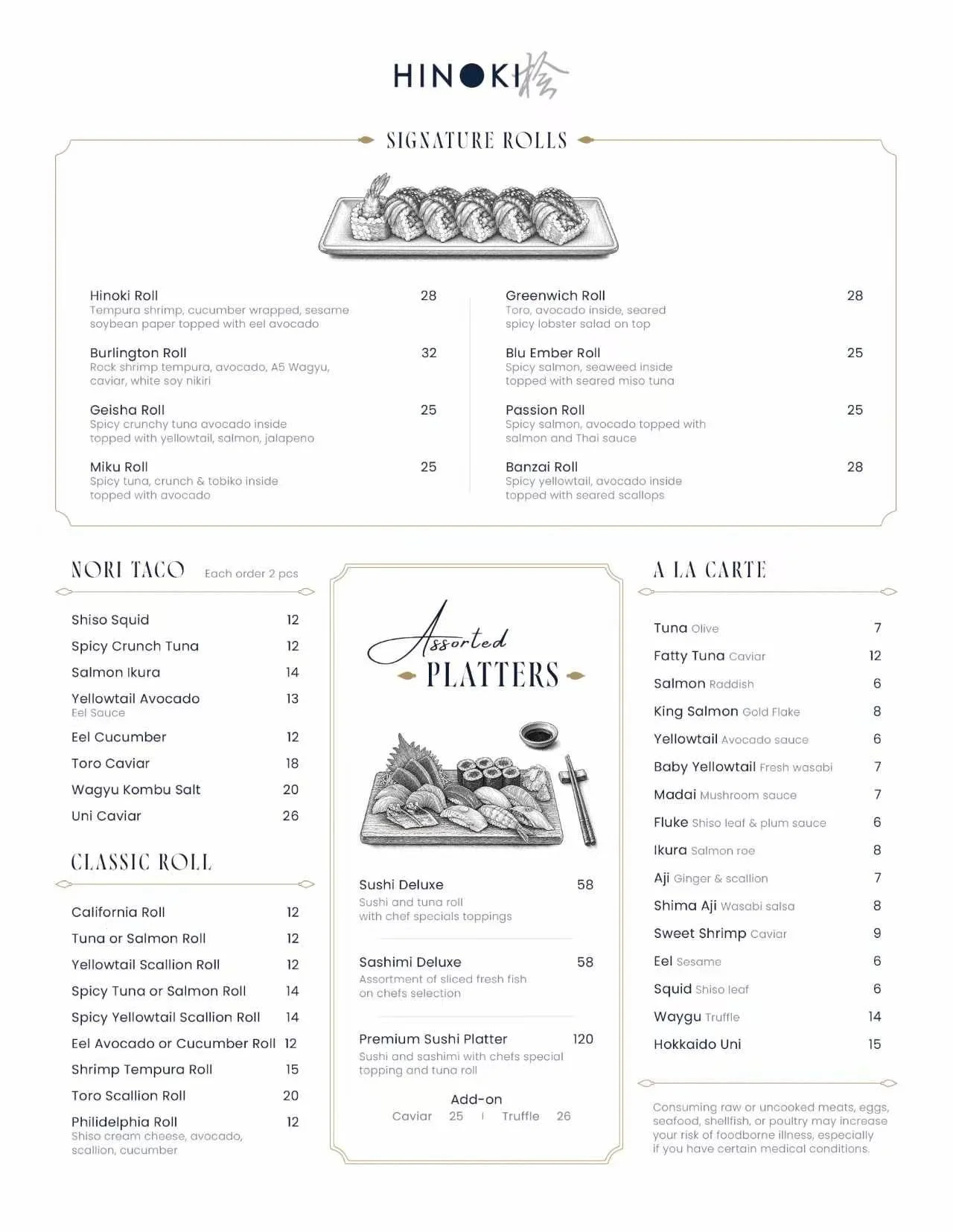 A sushi restaurant menu titled 'HINOKI SIGNATURE ROLLS' with various sushi options and prices, including signature rolls, classic rolls, platters, a Nori Taco section, and A La Carte selections, with illustrations of sushi and sushi platters.