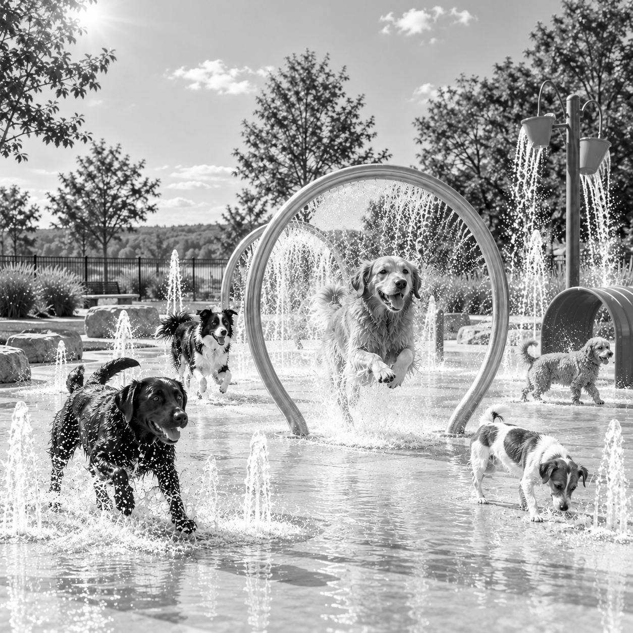 Dogs playing and jumping through water fountains at a park, with trees and a fence in the background.