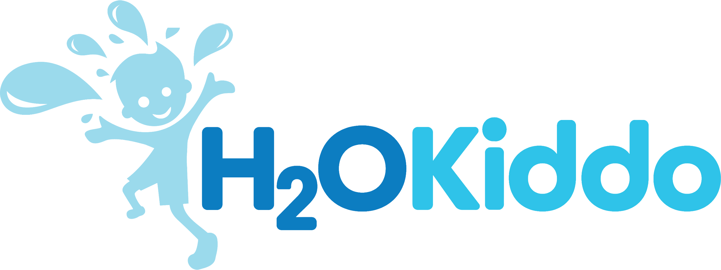 Logo with a playful blue character and the text 'H2O Kiddo' in large blue letters, featuring green accents.