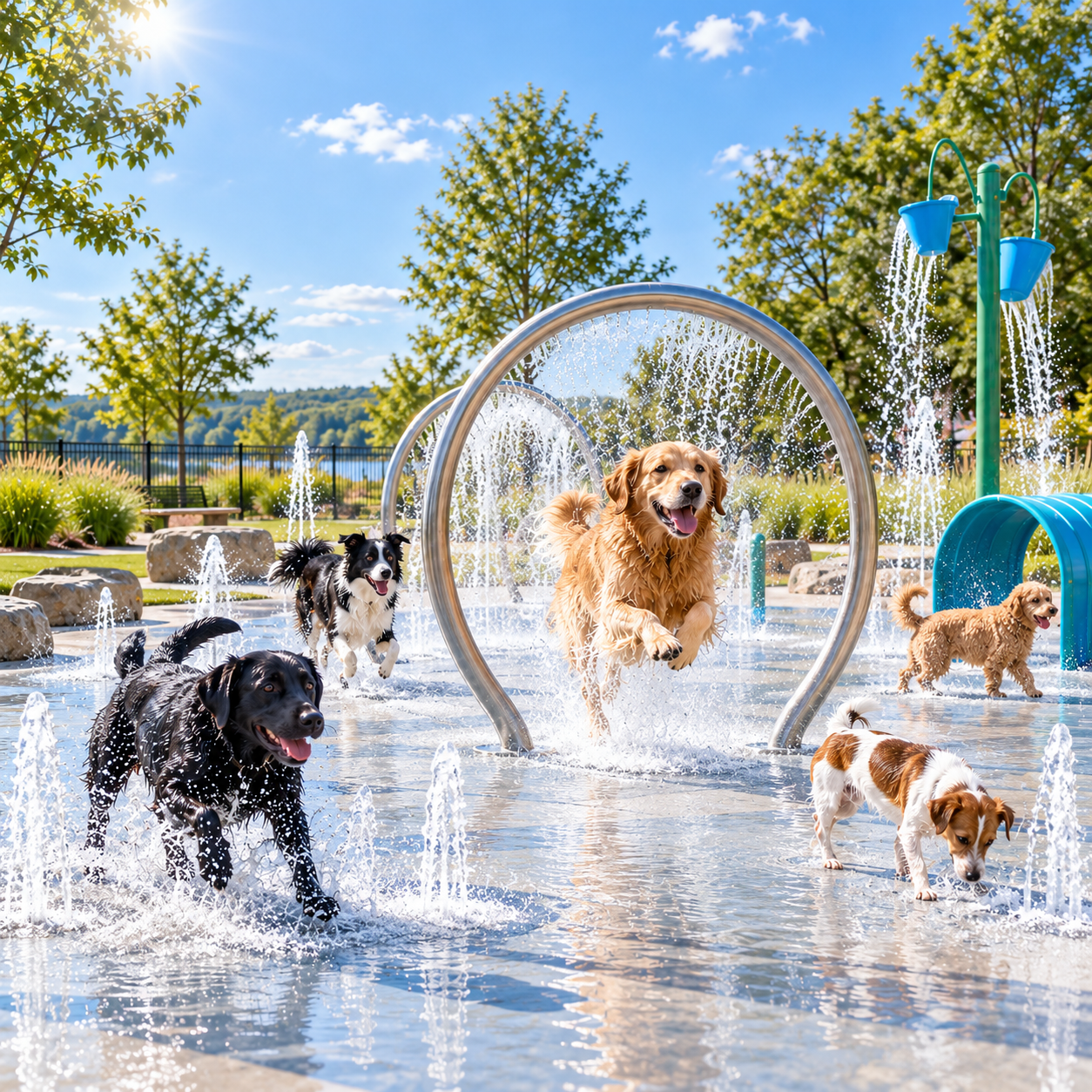 Multiple dogs playing in a water park with fountains, water pipes, and green trees in the background on a sunny day.