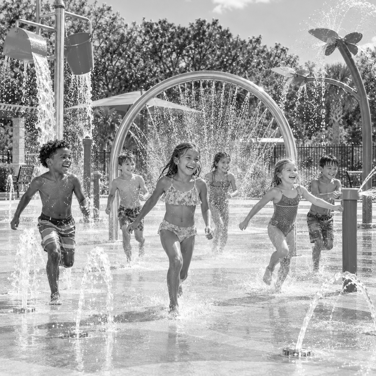 Happy children playing and running through water fountains at a splash pad in a park.