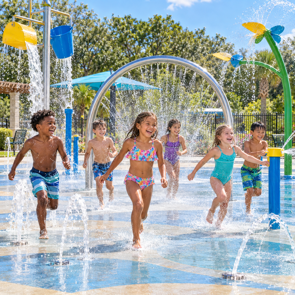 Children playing and laughing in a splash pad at a water park with various water features and spray jets.