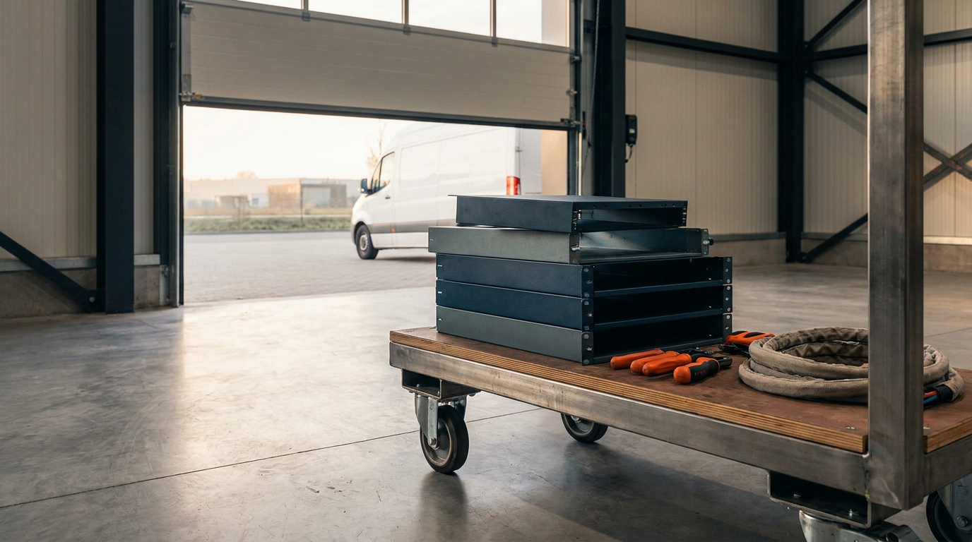 Inside a warehouse with an open garage door, a metal cart with tools and metal trays, and a white van outside.