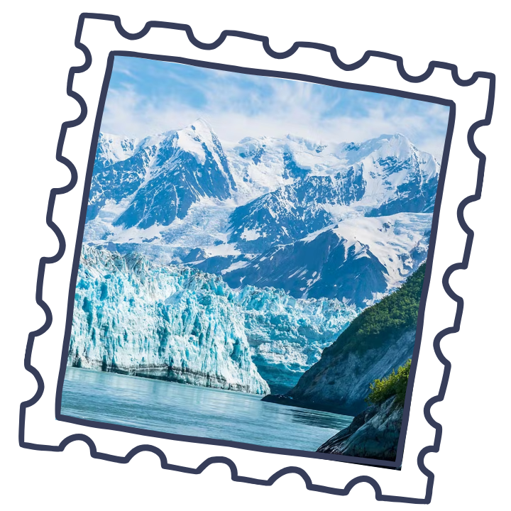 A postage stamp design featuring a photo of snowy mountain peaks, a glacier, and a body of water with some green forested area on the right.