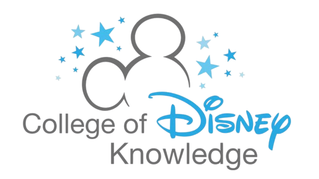 A distorted logo of the Disney College of Knowledge, featuring Mickey Mouse ears and text in light purple, blue, yellow, and green.
