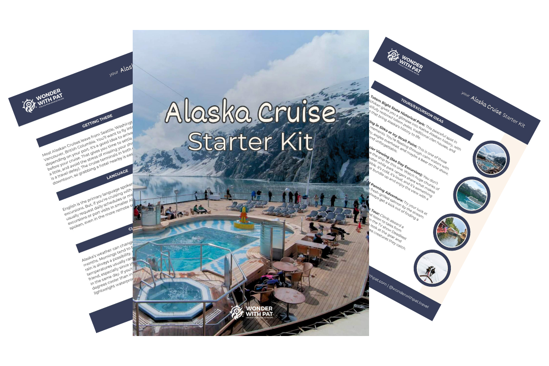 Cover of an Alaska cruise starter kit brochure showing a deck with hot tubs, lounge chairs, and scenic snow-capped mountains in the background.