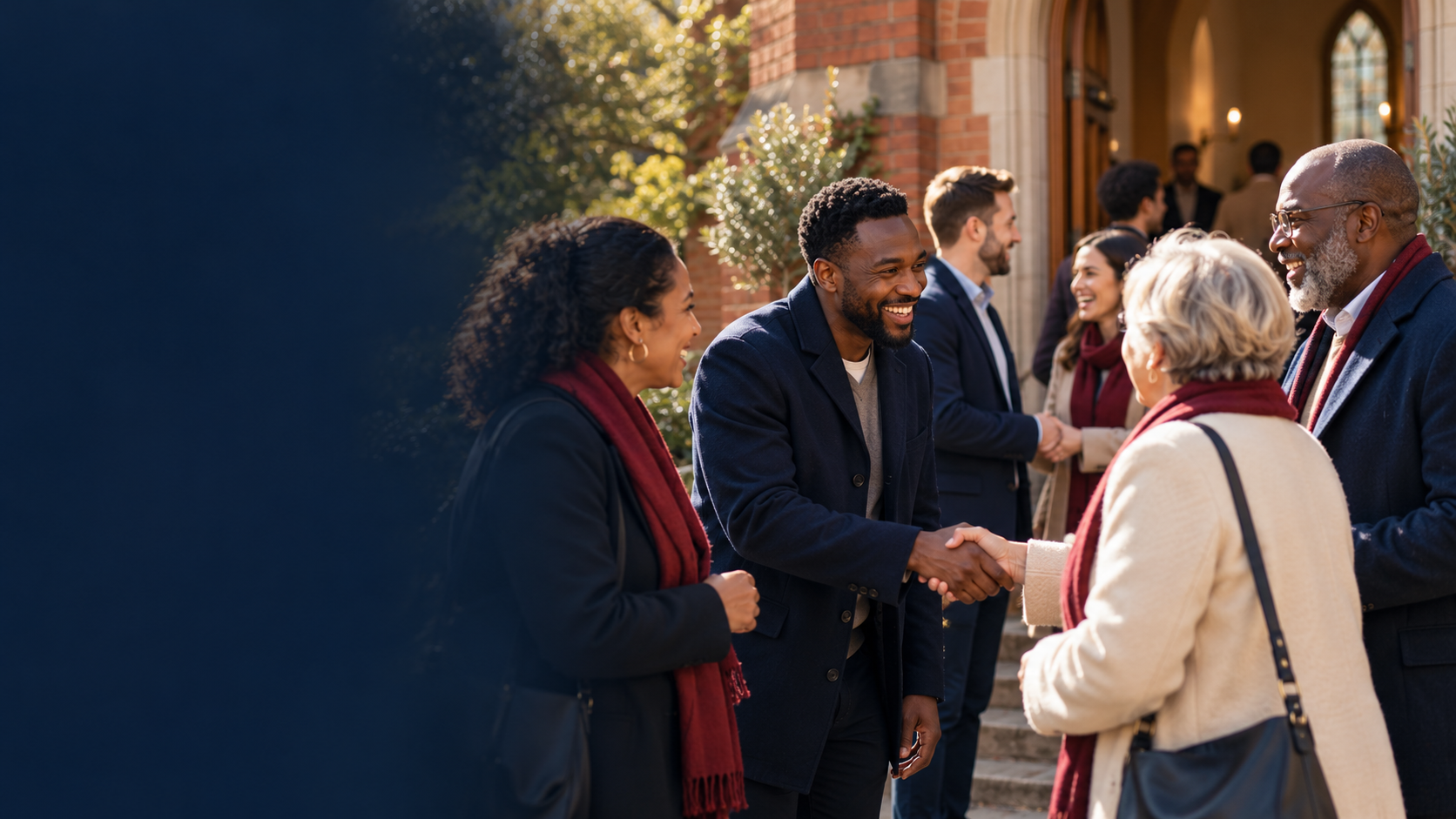 Illustration of a diverse community welcoming one another outside a church