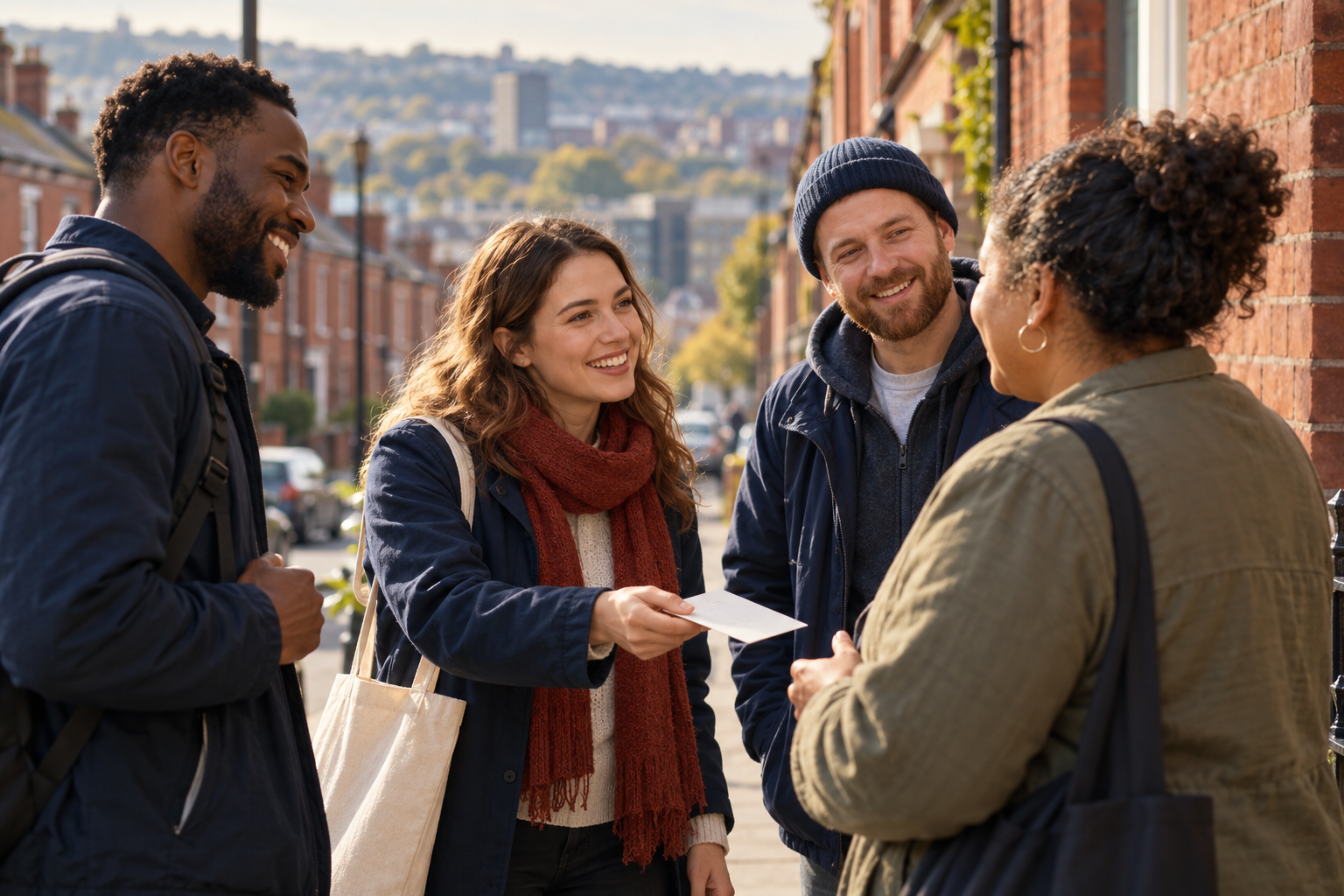 Illustration of volunteers welcoming a neighbour on a Sheffield street