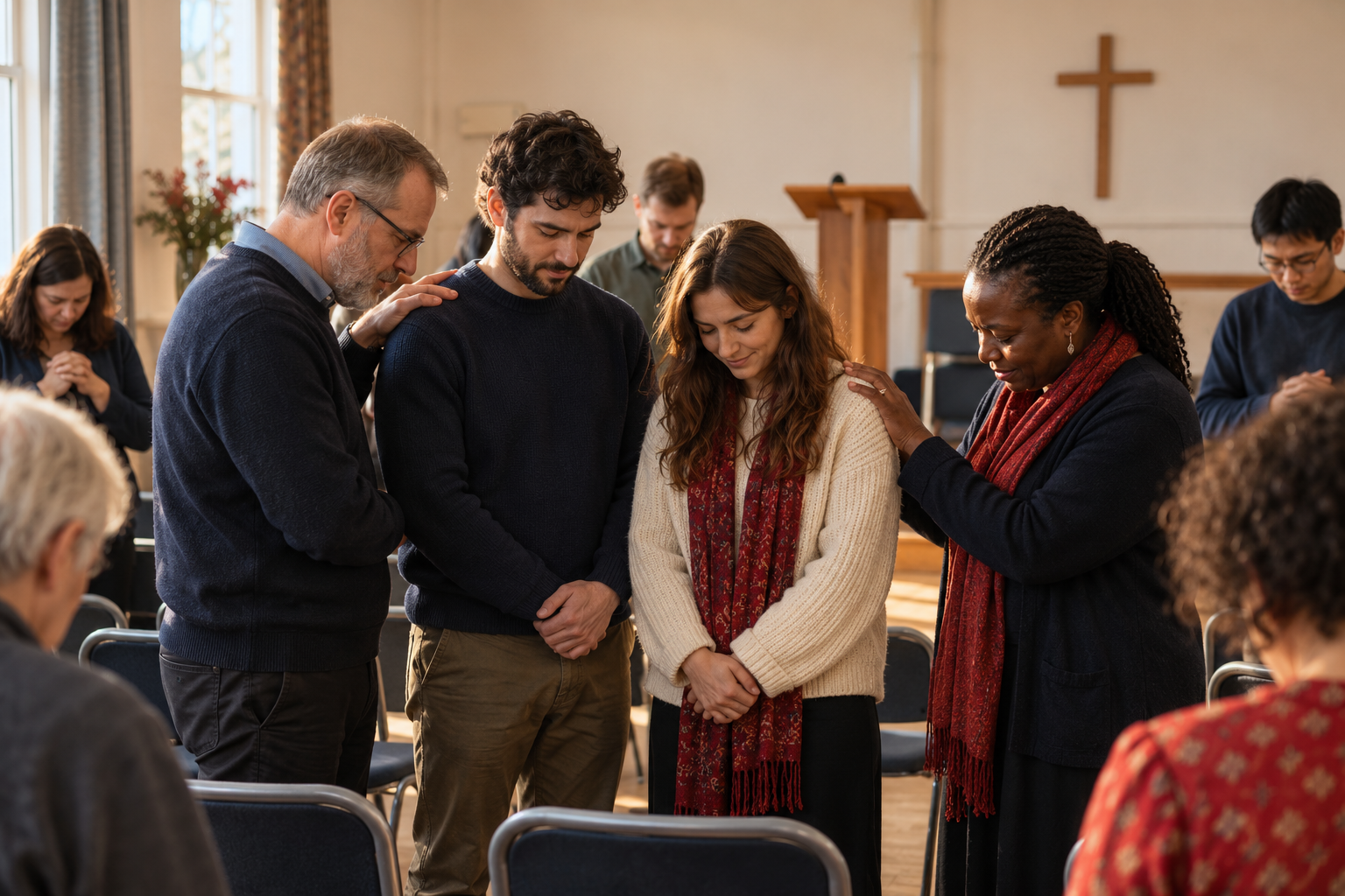 Illustration of a congregation praying for new church leaders